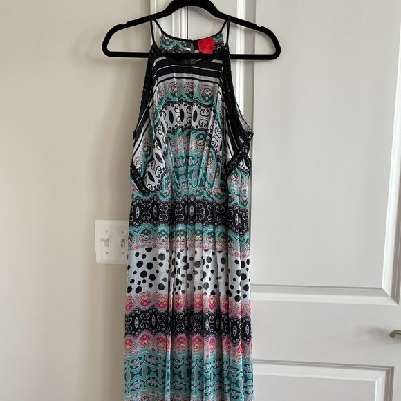 V Cristina Dresses & Skirts - V Cristina Sleeveless Maxi Dress High Neck Pleated Crochet Beaded Trim - SZ L